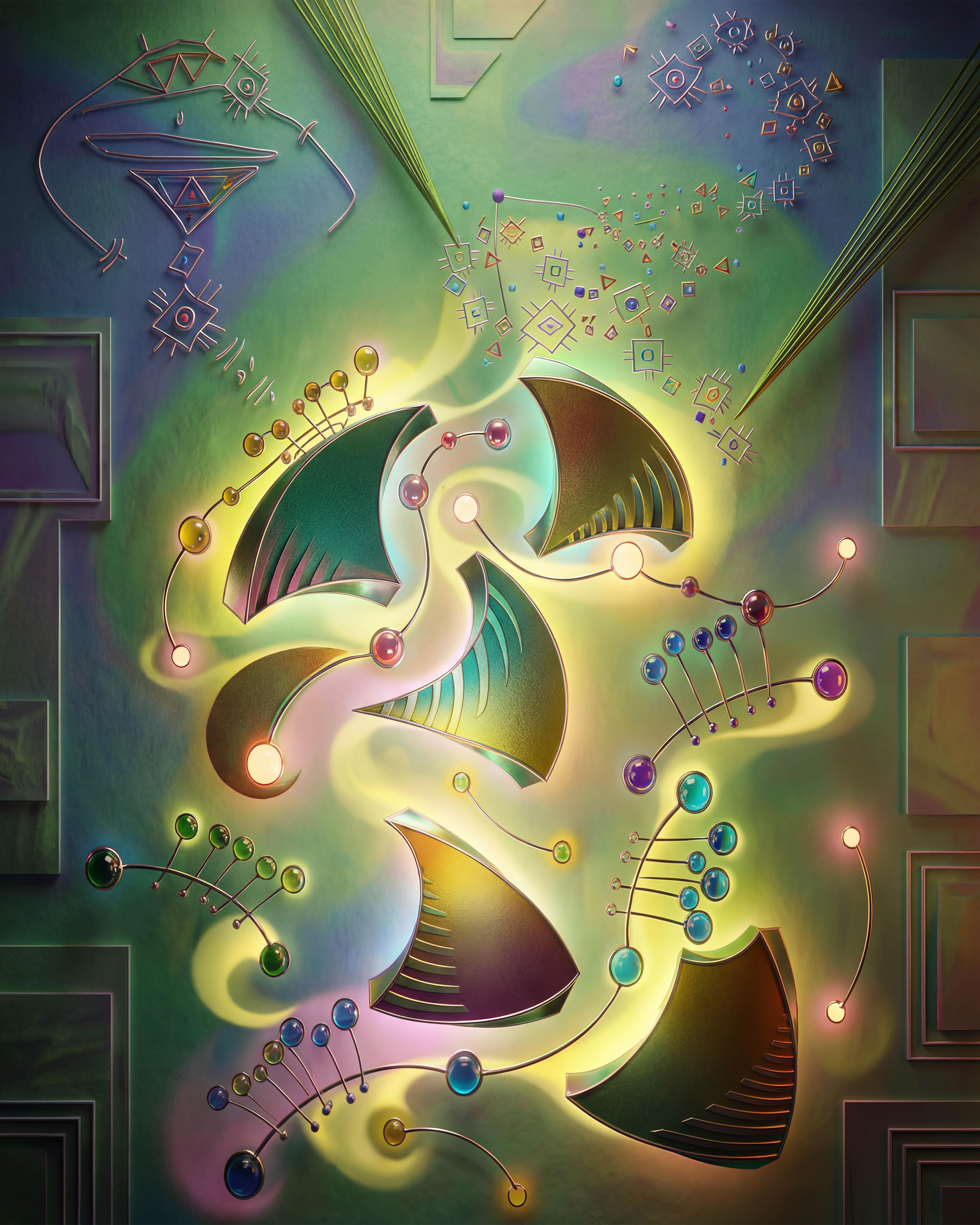 Ancient Corridors design with glowing green atmosphere and geometric forms.