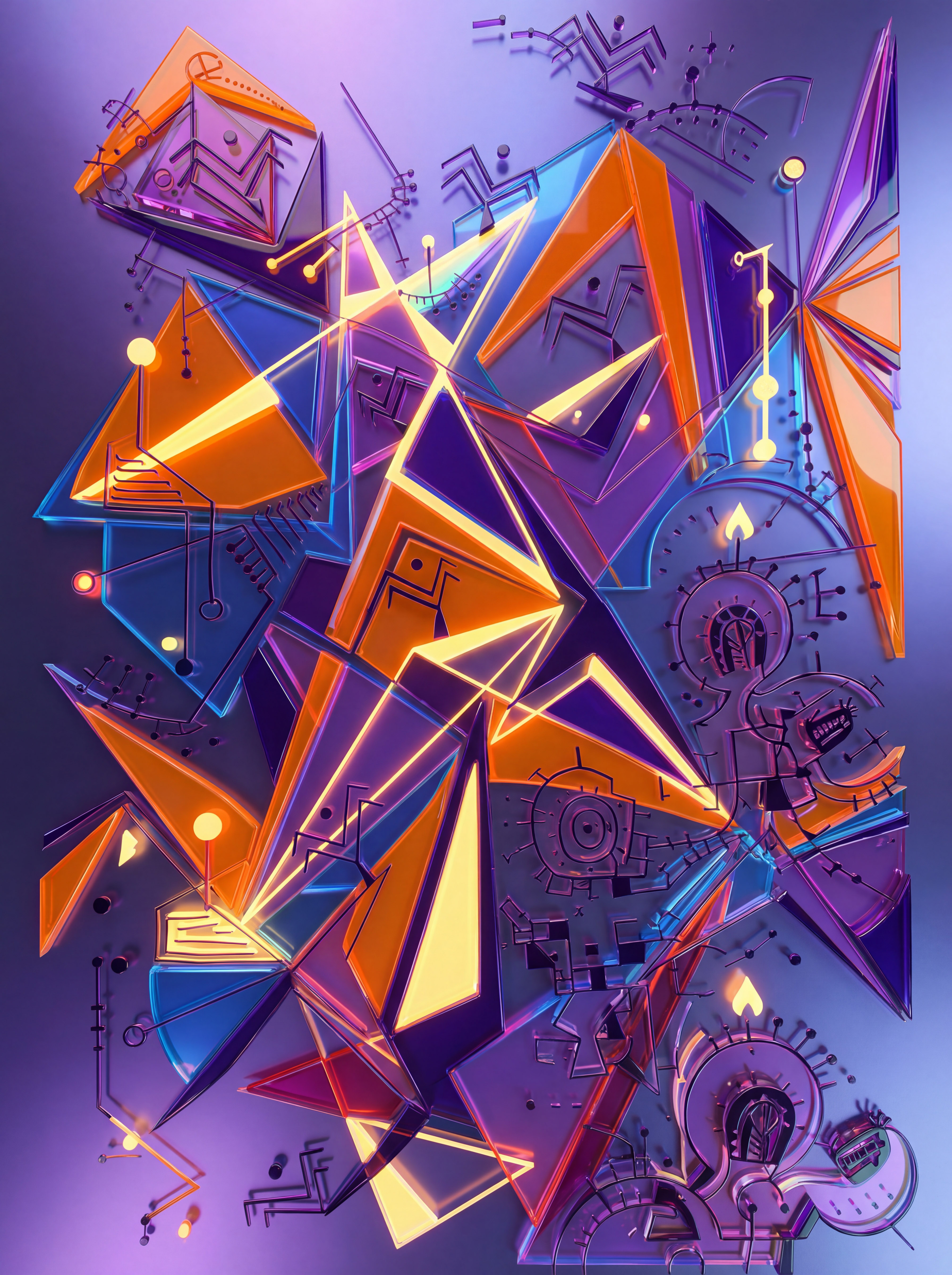 Purple Polys design with angular neon geometric forms in purple, orange, and blue.
