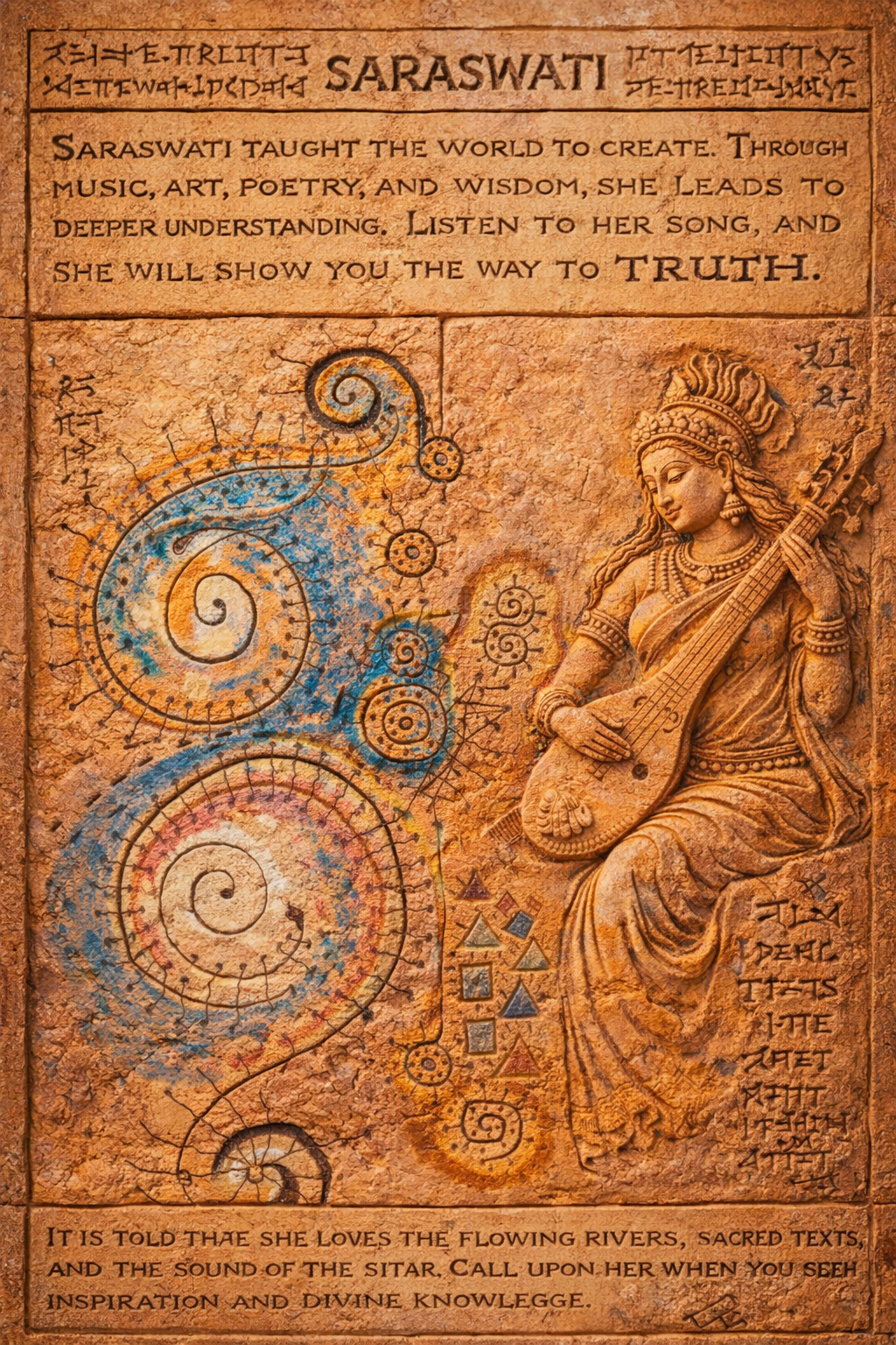 Saraswati design with carved figure, sacred spirals, and etched text.